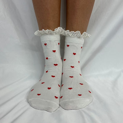 HEARTS DELIGHT  lace top heart ankle sock -  red