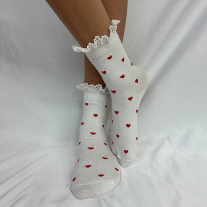 HEARTS DELIGHT  lace top heart ankle sock -  red