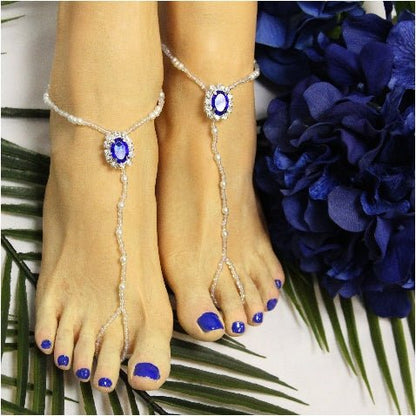 SAPPHIRE blue beaded barefoot sandals women | blue beaded foot sandals ...